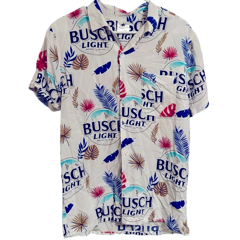 BUSCH LIGHT MENS HAWAIIAN BUTTON DOWN RAYON CAMP SHIRT~SMALL‎
